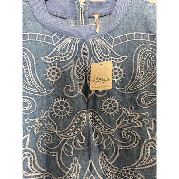 Free People Embroidered Denim Mini Dress Blue Paisley Scalloped Hem NWT - Picture 5 of 6
